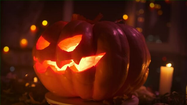Rotating carved pumpkin close-up glows from inside with neon lights lying on spin surface against backdrop of blurry Halloween holiday traditional decorations of garlands, candles in dark background.