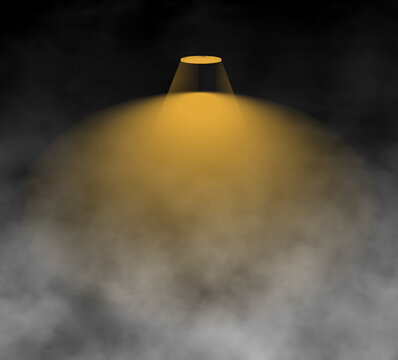 Concert stage with yellow spotlight and white smoke. Royalty high-quality free stock image of Stage orange smoke spotlights background. Yellow spotlight strike through the darkness, light Effects