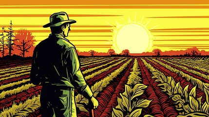 Fototapeta premium A farmer on the background of his plantations. Fantasy concept , Illustration painting.