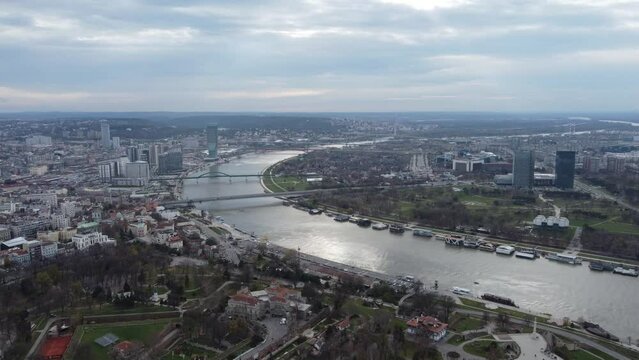Drone flight in the Belgrade city view from above the old Kalemegdan fortress, Serbia