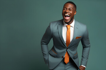 Handsome happy African American man laughing and smiling in blue business suit on blue colour...