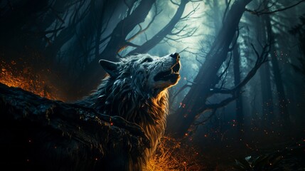 A howling wolf in the forest under the moonlight