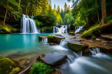 A serene waterfall cascading into a crystal-clear pool in a lush forest