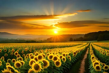 A tranquil field of sunflowers basking in the golden light of a summer afternoon