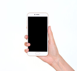 Woman hand holding the white smartphone with blank screen