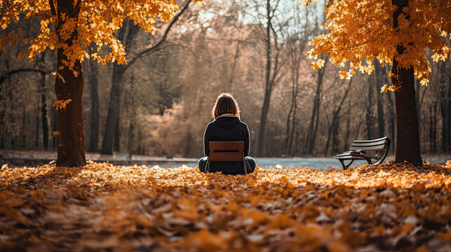 A lonely person sitting on the ground with autumn leaves in the park.
