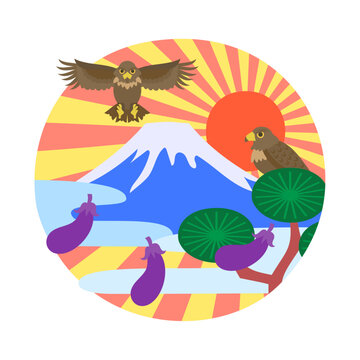 一富士二鷹三茄子。フラットなベクターイラスト。
&ldquo;Ichi-Fuji, ni-taka, san-nasubi&rdquo;: lucky dream at New Years. Flat designed vector illustration.