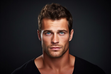 Obraz premium Fashion, style concept. Gorgeous young man close-up studio portrait. Natural looking young model looking at camera. Generative AI