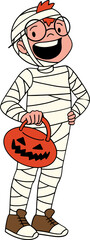 Cute boy standing wearing mummy costume for trick or treat party, children book illustration
