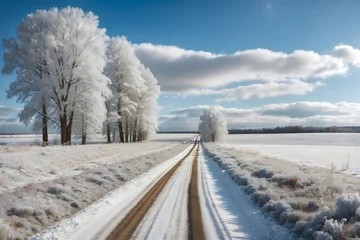 Poster dirt road and snowy under blue sky with white fluffy clouds © Nisit