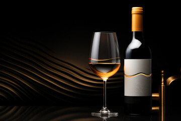 A bottle of wine and a glass on a black background.