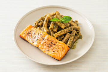 pesto quadrotto penne pasta with grilled salmon