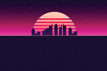 Retro Futurism Sci-Fi Background. glowing neon grid. and stars from vintage arcade computer games	