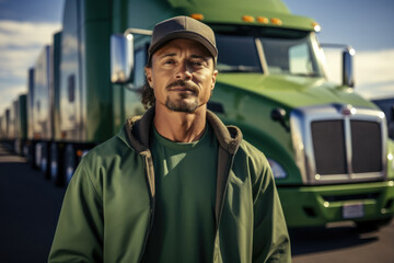 A truck driver with a green shirt standing on front on a semi truck in a parking lot.