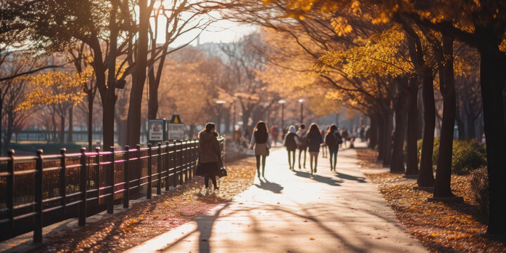 Blurred street people in Korea perspective people walking in late afternoon with long shadow walkway in the park defocused image use for background
