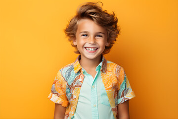 Colourful portrait of a young boy laughing and smiling wearing multicolour shirt on bright yellow background