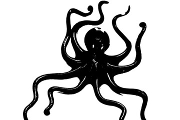 black silhouette of octopus isolated on white background, invertebrate animal