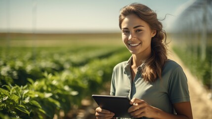 Female farmer stands and holds tablet in her hands examining in the field. - obrazy, fototapety, plakaty