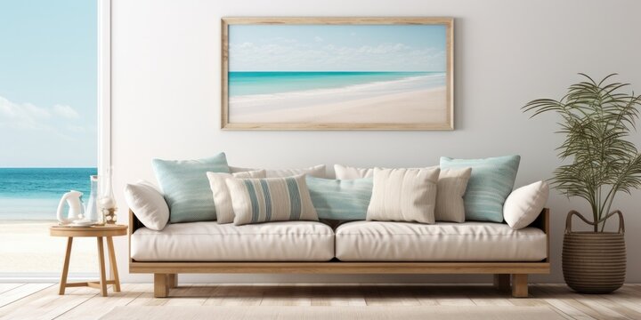 living room interior background, coastal boho style, generative AI