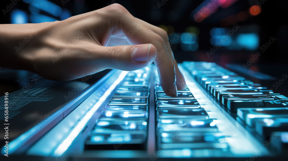 Fototapete focus hand, hand of programmer on keyboard fingers moving at hyper speed.