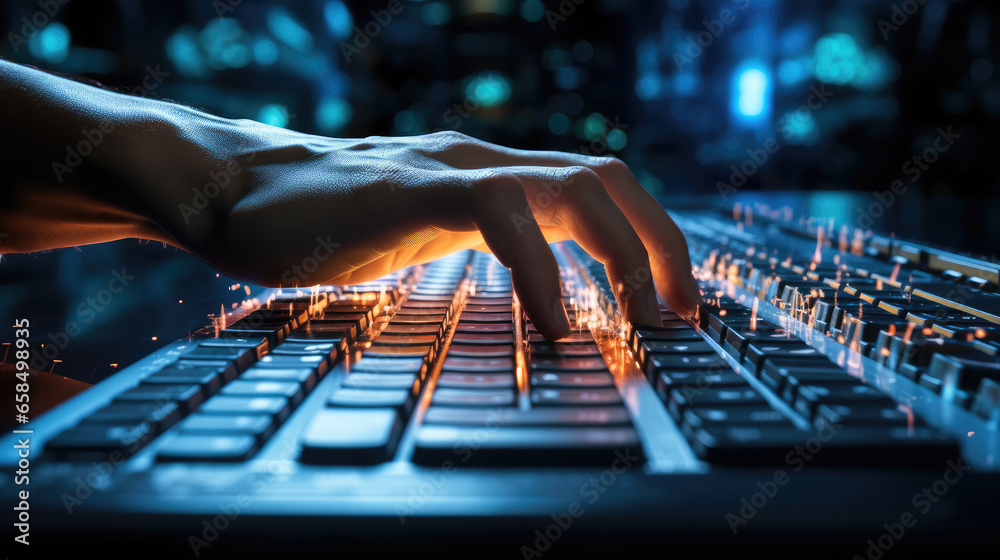 Leinwandbilder focus hand, hand of programmer on keyboard fingers moving at hyper speed.