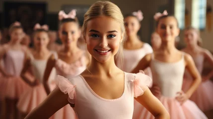 Poster Dansschool Little ballerinas, Girl wearing pink tutu skirt and having fun ballet class.