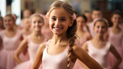 Poster Dansschool Little ballerinas, Girl wearing pink tutu skirt and having fun ballet class.