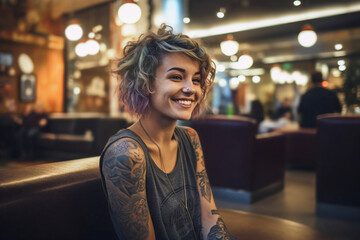 happy woman with tattoos and grunge gray tank in bar