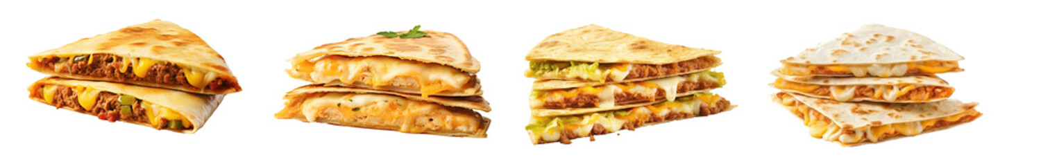 Mexican quesadilla with chicken, cheese, and peppers, isolated on a transparent background with a PNG cutout or clipping path.