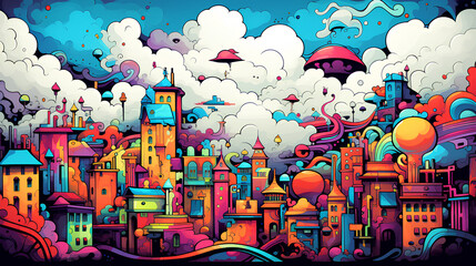 illustration of a town with colorfull graffity style