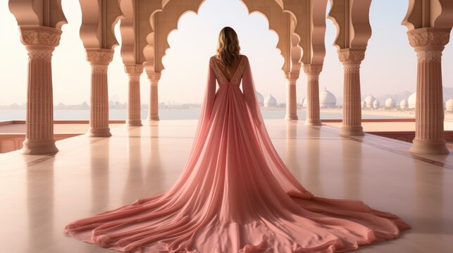 Woman in a pink saree posing at Taj Mahal, India.