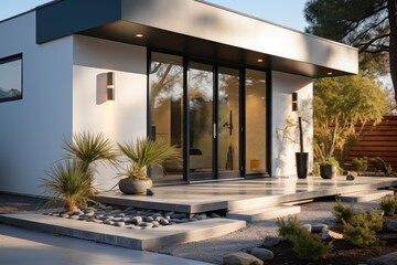 Side of a modern style home, Gray walls.