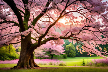 Fototapeta premium Cherry Blossom Tree in the Spring Landscape. Nature's Pink Landscape. Generative AI