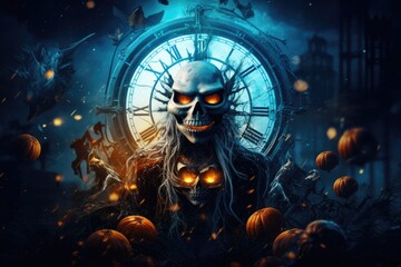 Halloween festival and alarm clock background. Generative AI