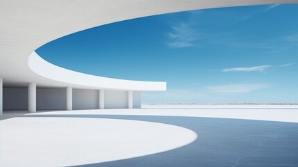 Generative AI : Empty concrete floor for car park. 3d rendering of abstract white building with blue sky background.