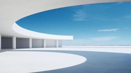 Fotobehang Generative AI : Empty concrete floor for car park. 3d rendering of abstract white building with blue sky background. © The Little Hut