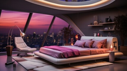Unique bedroom with sleek, Minimalistic design, neon accent lighting.