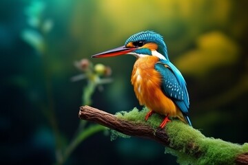 Generative AI : bright kingfisher sitting on thin branch against green background in nature