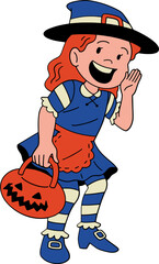 Cute little witch ready for trick or treat party cartoon illustration