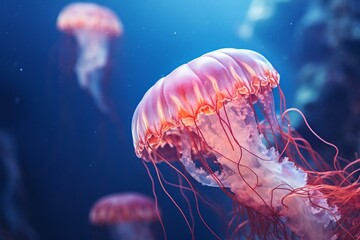 Generative AI : Macro shooting under water mediterranean jellyfish close up - obrazy, fototapety, plakaty