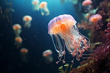 Generative AI : Macro shooting under water mediterranean jellyfish close up - obrazy, fototapety, plakaty