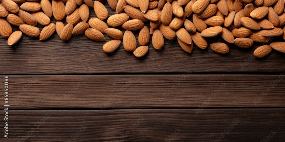 Poster generative ai : almond nuts on a wooden table. top view. copy space