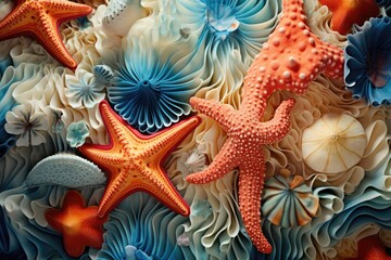 Abstraction using colorful sea sponges and starfish  - obrazy, fototapety, plakaty