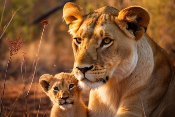Obraz premium Generative AI : Lioness and cub in the South Africa