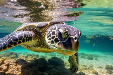 Fototapeta premium Generative AI : Galapagos Ecuador - Beautiful green sea turtle swimming under water