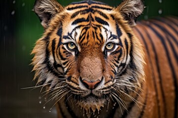 Fototapeta premium Generative AI : Tiger looking on the rock with beautiful sky at sunset