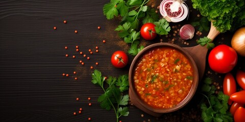 Generative AI : vegetable soup with red lentils and tomatoes close-up on the table - obrazy, fototapety, plakaty