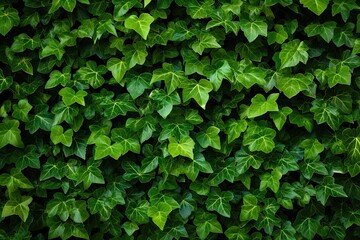 Lush greenery. Ivy covered garden wall. Nature tapestry. Fresh leaves on wall. Summer greens. Close up of leaf on fence. Botanical beauty. Vibrant patterns