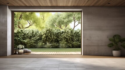 Naklejka premium Generative AI : Modern contemporary loft empty room with open door to garden