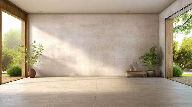 Generative AI : Modern contemporary loft empty room with open door to garden